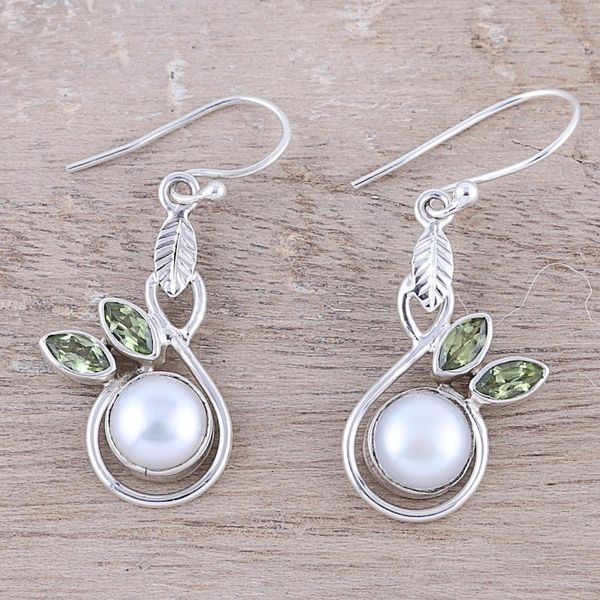 Alternate image for Cultured Pearl and Faceted Peridot Dangle Earrings Spring Beauty