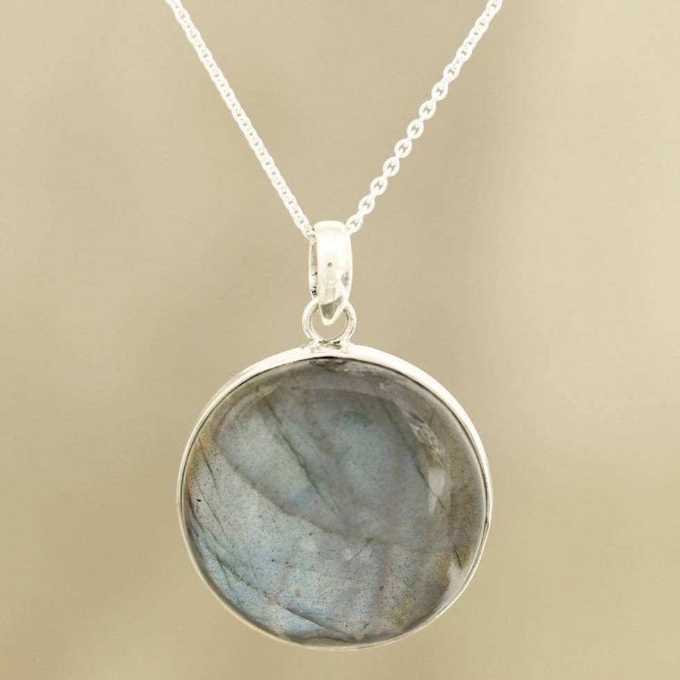 Round Labradorite Pendant Necklace Crafted in India 'Round Aurora'