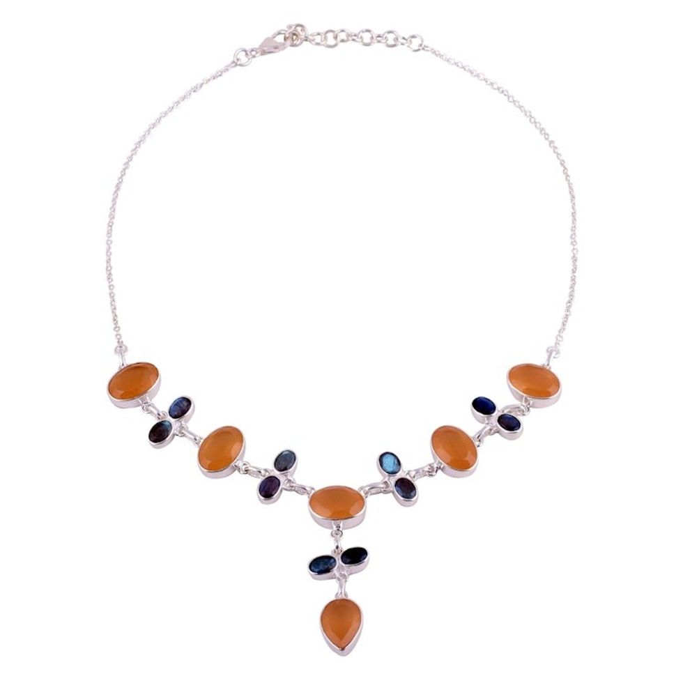 Orange Onyx and Labradorite Sterling Silver Y-Necklace 'Evening Serenity'