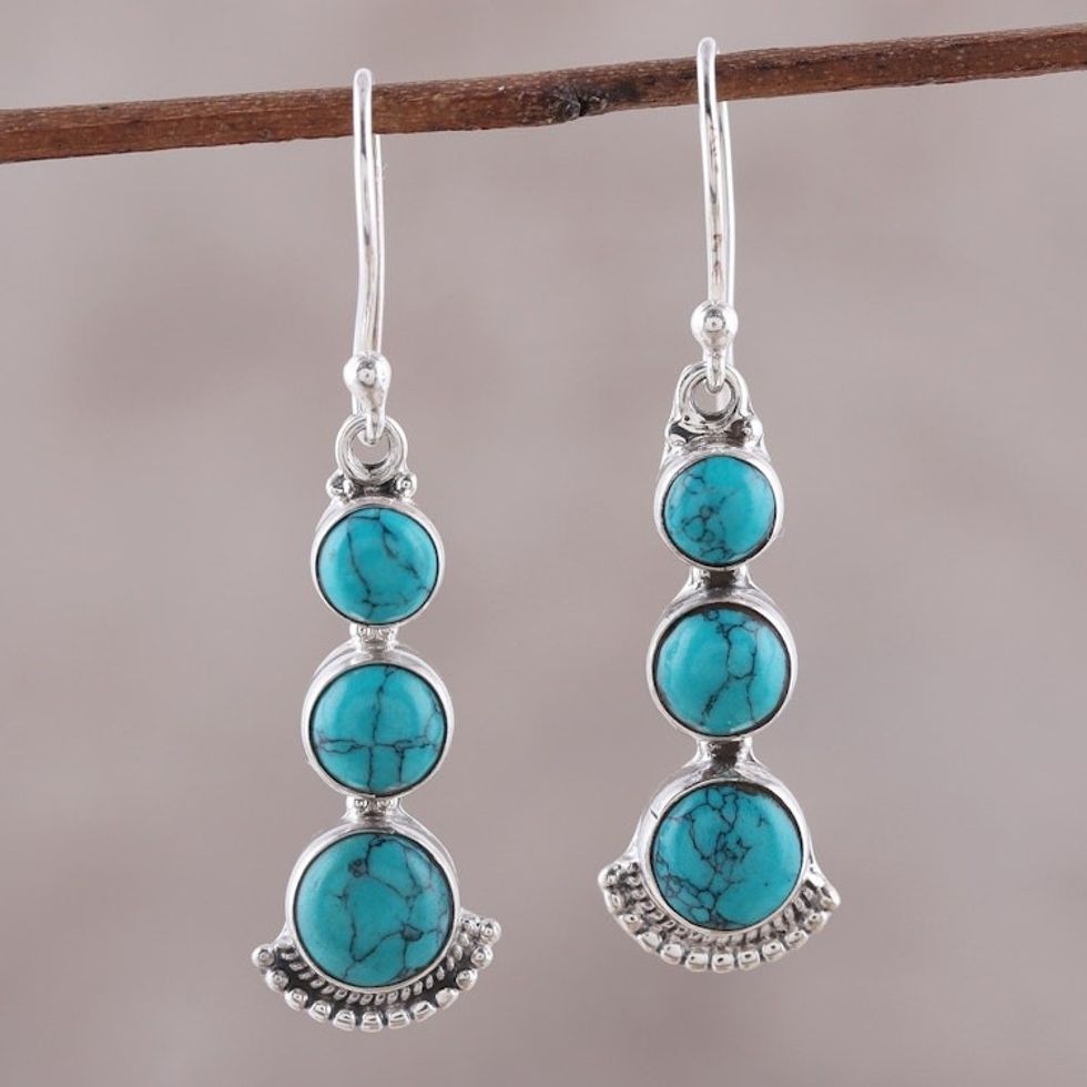 Round Sterling Silver and Composite Turquoise Earrings 'Triple Gleam'