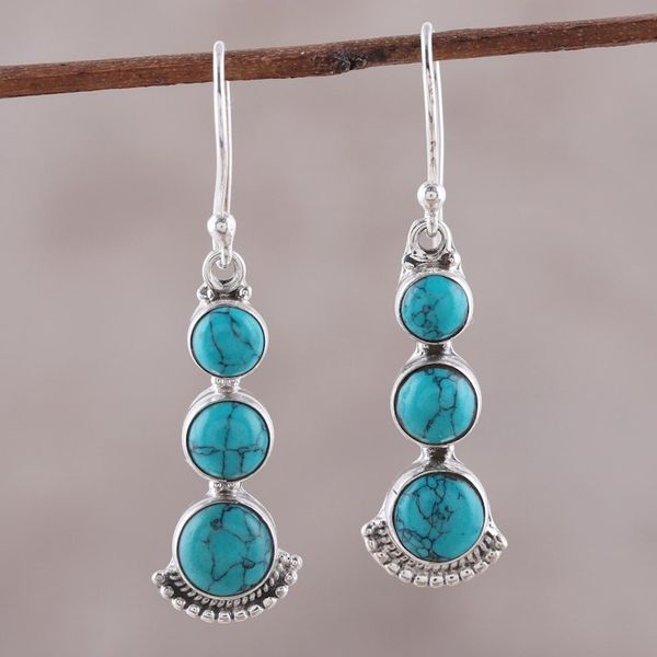 Alternate image for Round Sterling Silver and Composite Turquoise Earrings Triple Gleam