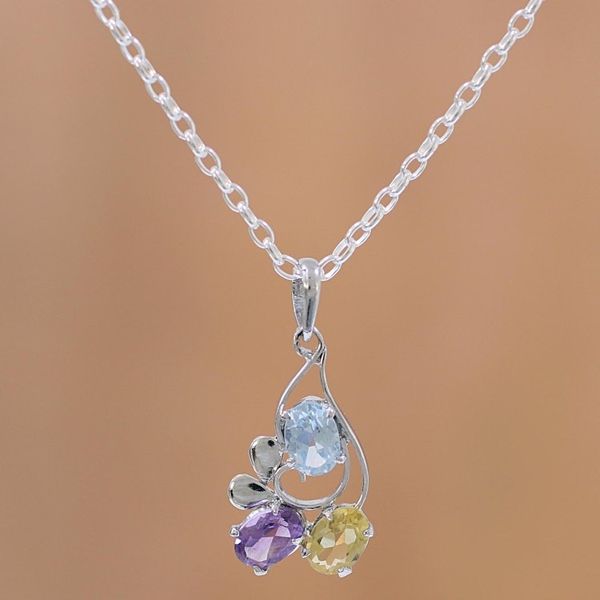Alternate image for Multi Gemstone Pendant Necklace with Rhodium Plating Glowing Trio
