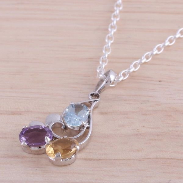 Alternate image for Multi Gemstone Pendant Necklace with Rhodium Plating Glowing Trio