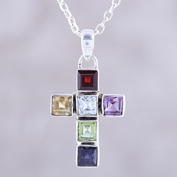 Alternate image for Multi-Gemstone Cross Pendant Necklace from India Dazzle with Faith