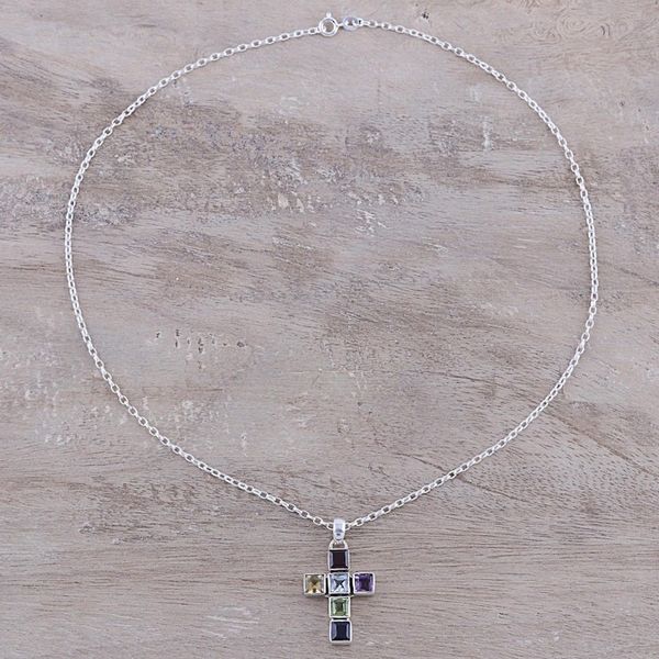 Alternate image for Multi-Gemstone Cross Pendant Necklace from India Dazzle with Faith