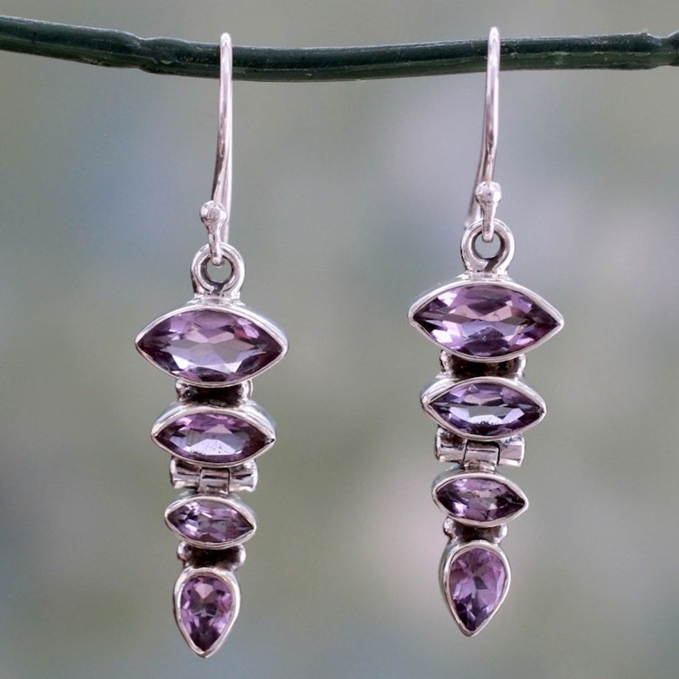 Sterling Silver and Amethyst Dangle Earrings from India 'Mystical Quartet'