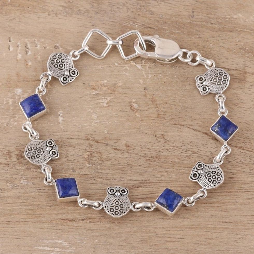 Lapis Lazuli Owl Link Bracelet from India 'Royal Owls'