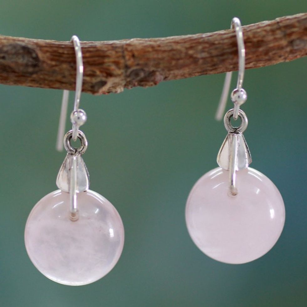 Rose Quartz Sphere Earrings India Artisan Jewelry 'Moon of Romance'