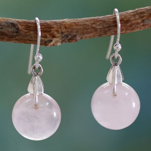 Alternate image for Rose Quartz Sphere Earrings India Artisan Jewelry Moon of Romance