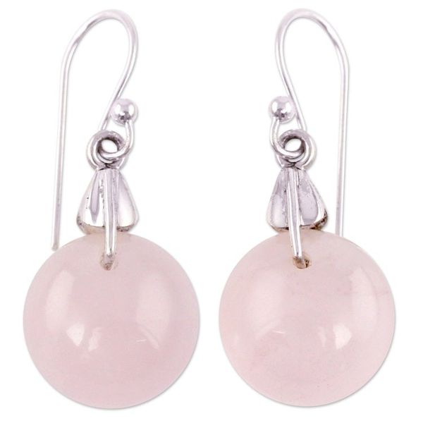 Alternate image for Rose Quartz Sphere Earrings India Artisan Jewelry Moon of Romance