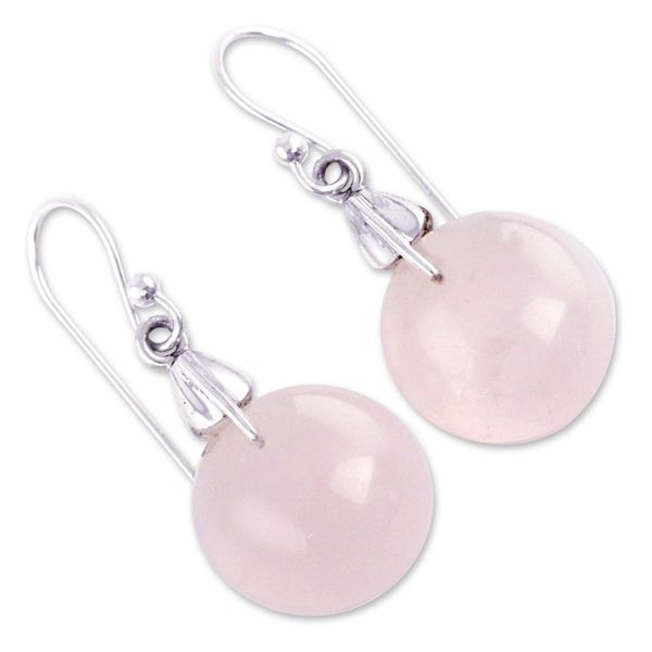 Alternate image for Rose Quartz Sphere Earrings India Artisan Jewelry Moon of Romance