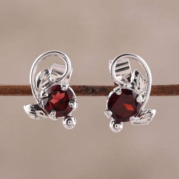 Alternate image for Leafy Rhodium Plated Garnet Stud Earrings from India Blissful Radiance