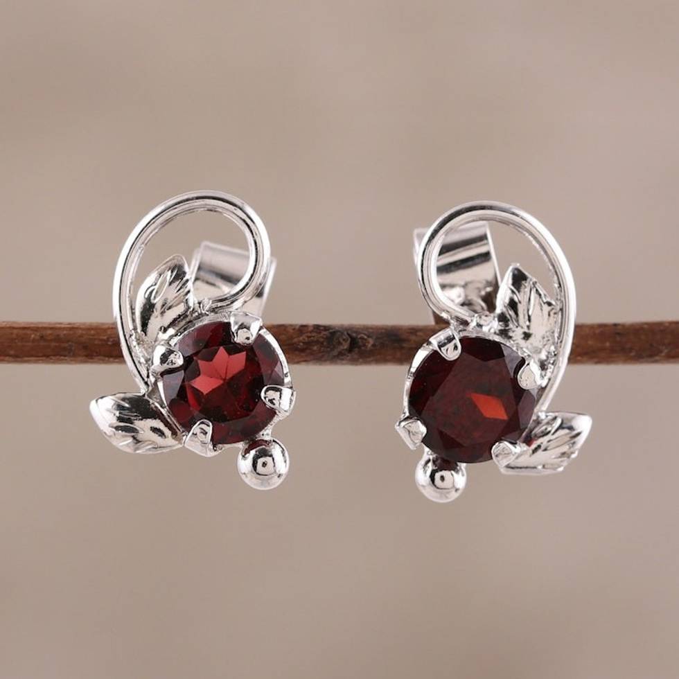 Leafy Rhodium Plated Garnet Stud Earrings from India 'Blissful Radiance'