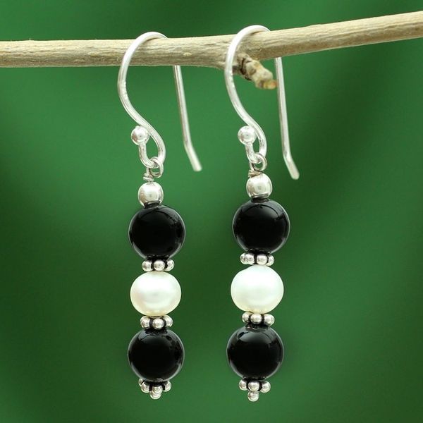 Alternate image for Onyx and pearl dangle earrings Midnight Dreams
