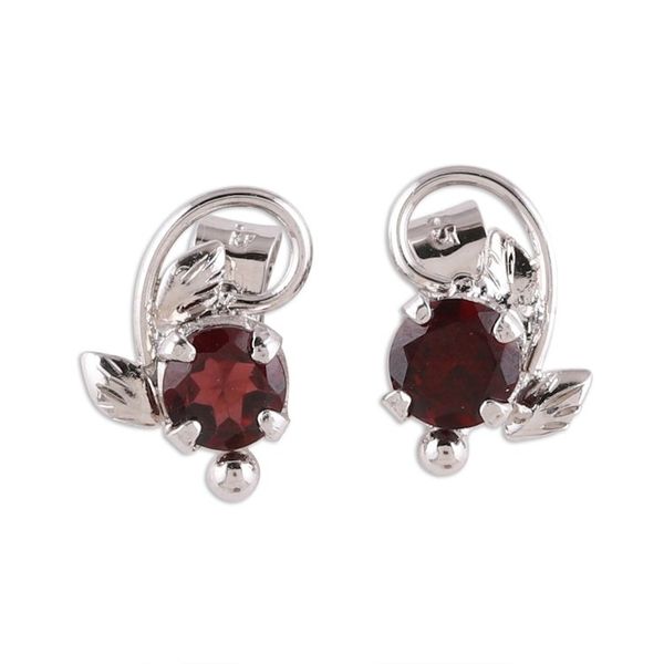 Alternate image for Leafy Rhodium Plated Garnet Stud Earrings from India Blissful Radiance