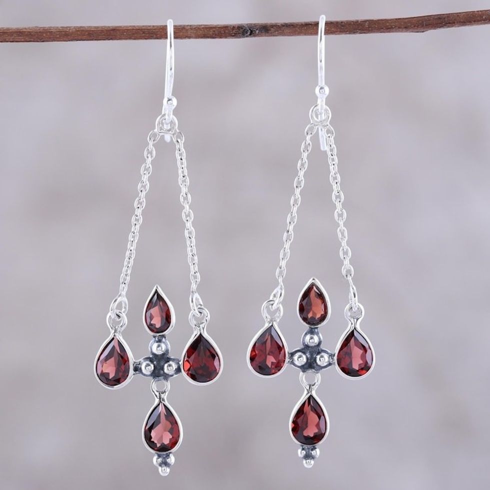 Sterling Silver and Red Garnet Dangle Earrings 'Scarlet Flare'