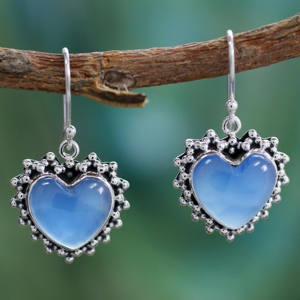 Heart Shaped Sterling Silver and Chalcedony Earrings 'Harmonious Hearts'