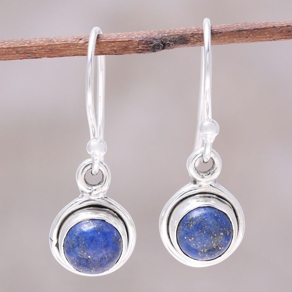 Round Lapis Lazuli Dangle Earrings from India 'Adorable Moon in Deep Blue'