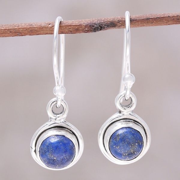 Alternate image for Round Lapis Lazuli Dangle Earrings from India Adorable Moon in Deep Blue