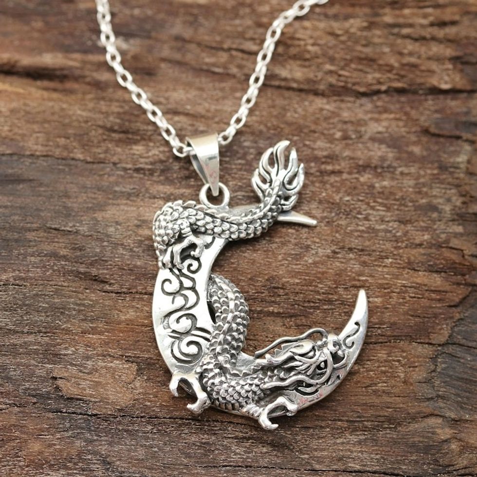 Dragon Crescent Sterling Silver Pendant Necklace from India 'Dragon Crescent'