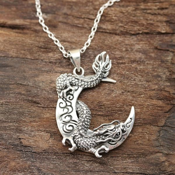 Alternate image for Dragon Crescent Sterling Silver Pendant Necklace from India Dragon Crescent
