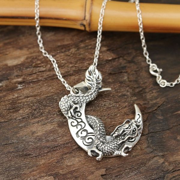 Alternate image for Dragon Crescent Sterling Silver Pendant Necklace from India Dragon Crescent