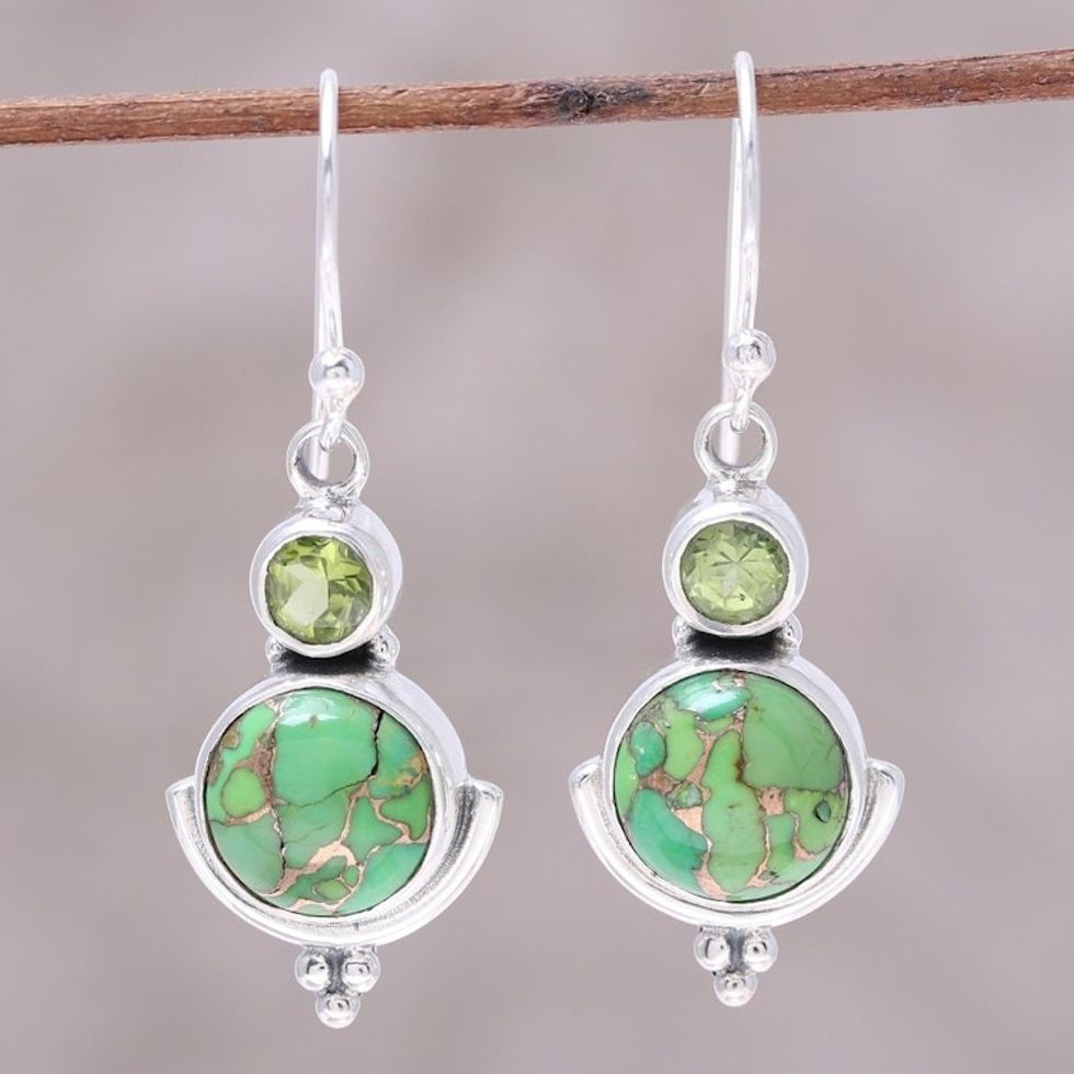 Green Peridot Dangle Earrings from India 'Lively Harmony'