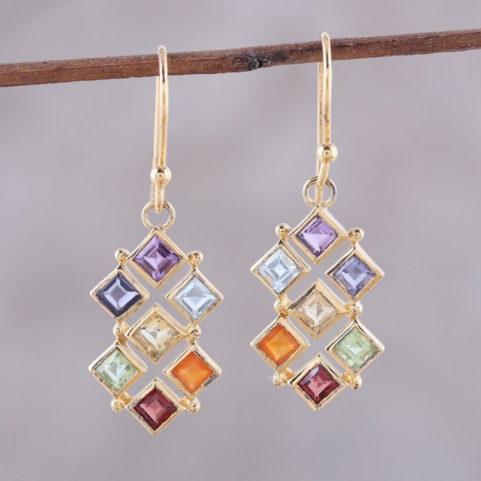 Gold-Plated Multi-Gemstone Chakra Earrings from India 'Wellness'