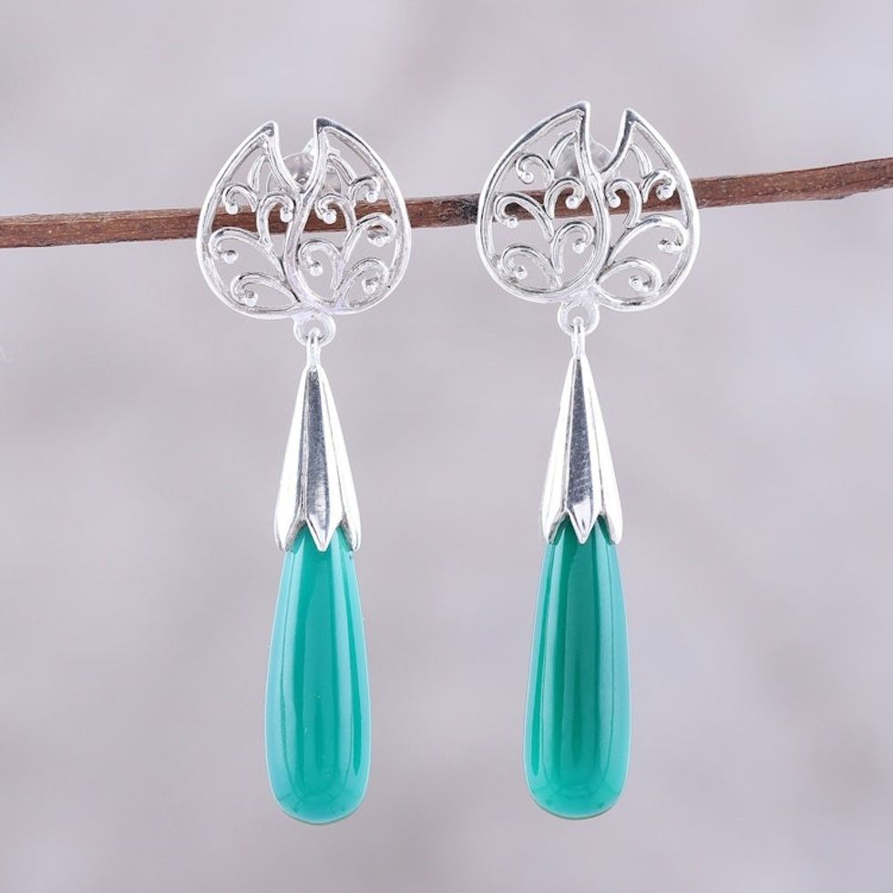 Leaf-Shaped Onyx Dangle Earrings from India 'Forest Style'
