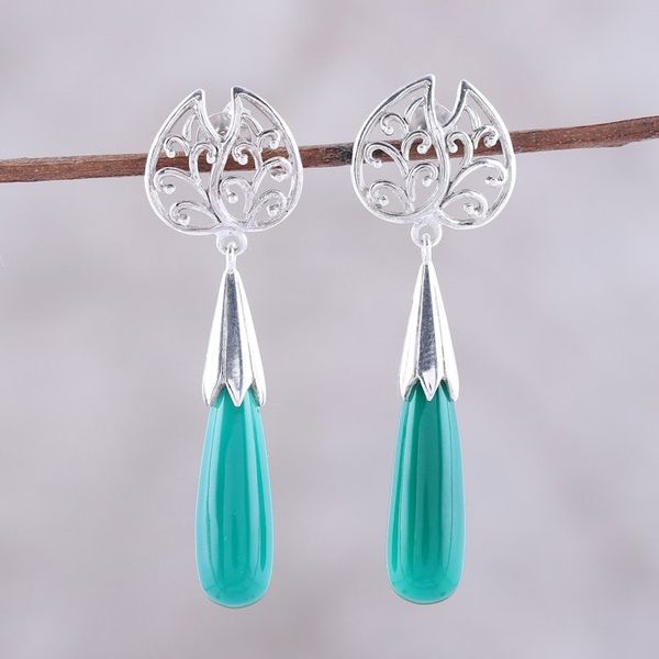 Alternate image for Leaf-Shaped Onyx Dangle Earrings from India Forest Style