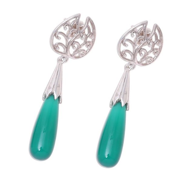 Alternate image for Leaf-Shaped Onyx Dangle Earrings from India Forest Style