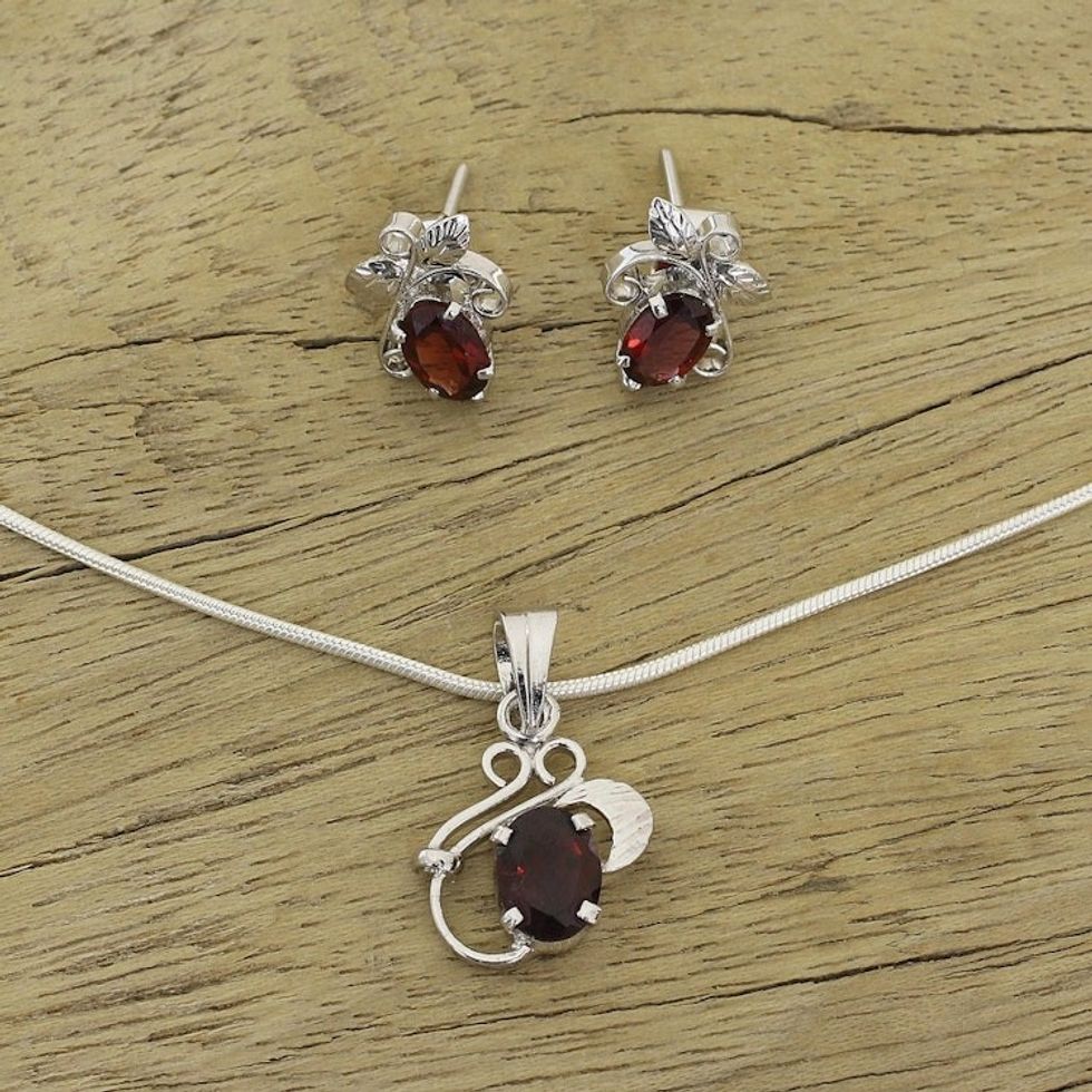 Floral Jewelry Set in Sterling Silver and Garnet 'Red Leaves'