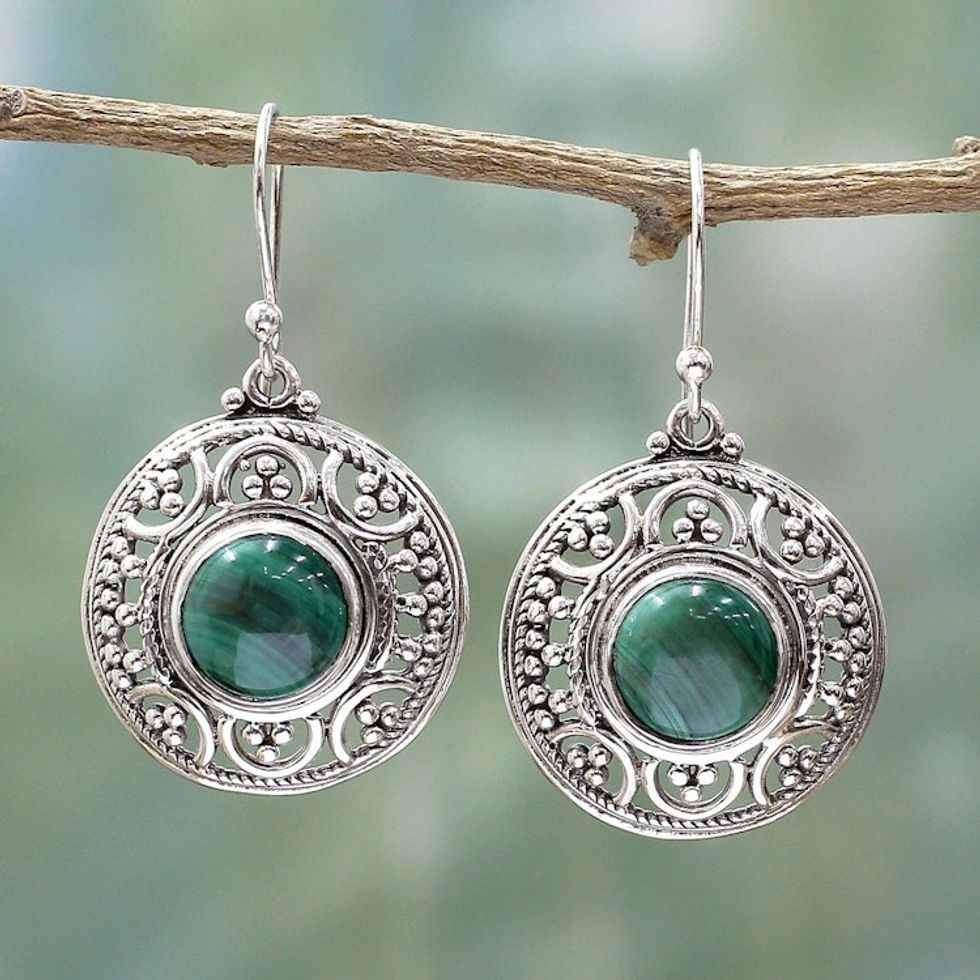 Sterling Silver Malachite Dangle Earrings from India 'Graceful Green'