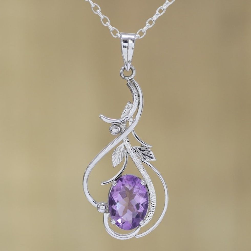 Rhodium Plated Amethyst Pendant Necklace from India 'Wisteria Vines'