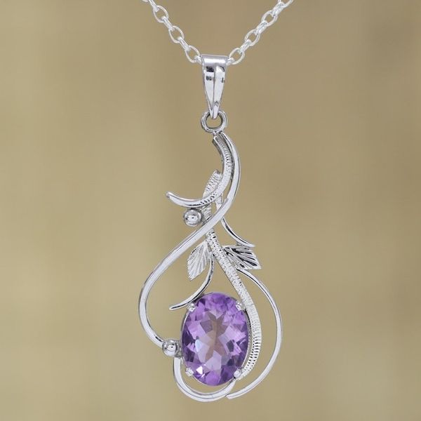 Alternate image for Rhodium Plated Amethyst Pendant Necklace from India Wisteria Vines