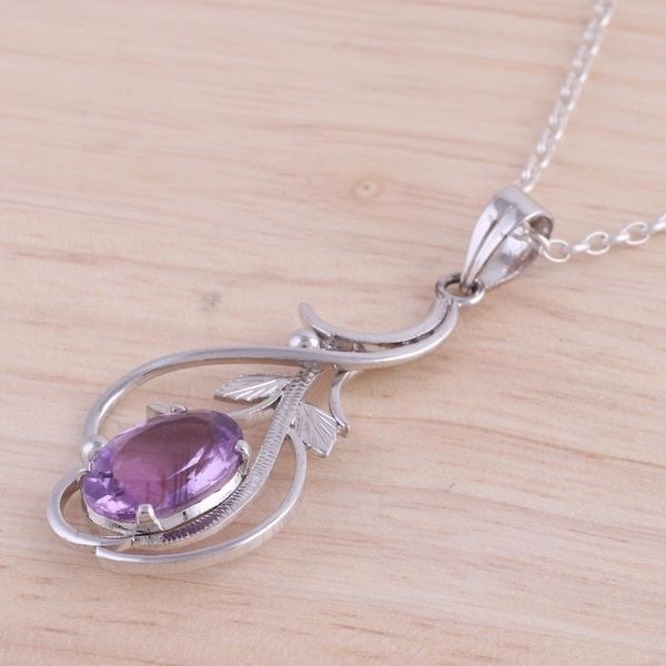 Alternate image for Rhodium Plated Amethyst Pendant Necklace from India Wisteria Vines