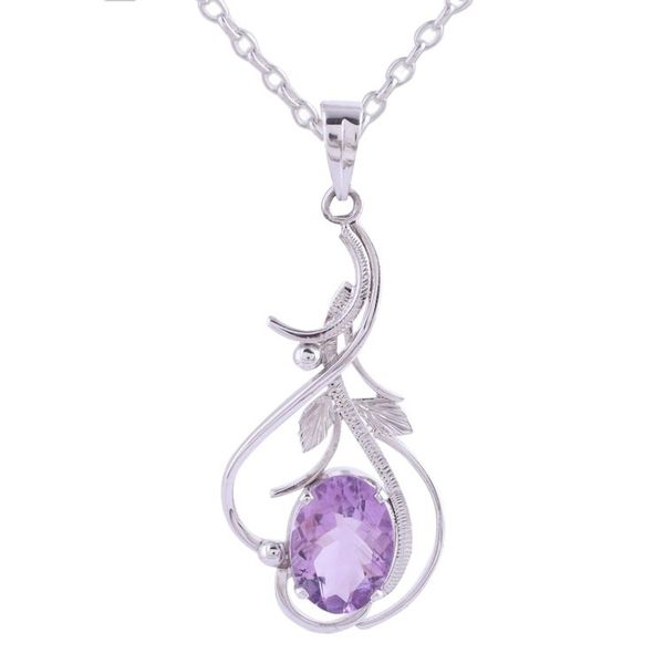 Alternate image for Rhodium Plated Amethyst Pendant Necklace from India Wisteria Vines