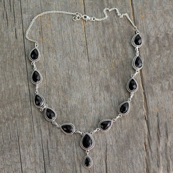 Alternate image for Indian Onyx and Sterling Silver Y Necklace Midnight Teardrop
