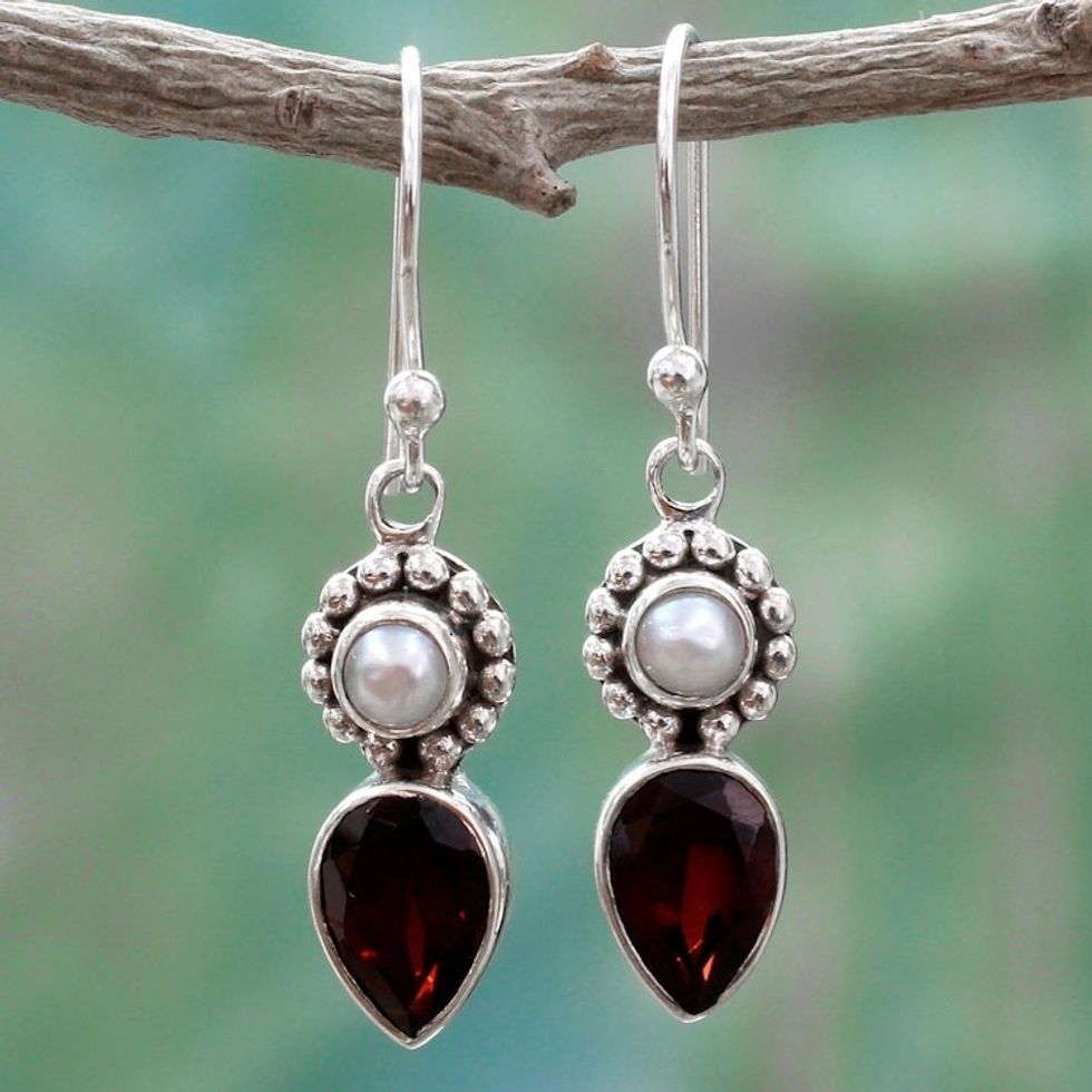 Silver Cultured Pearl Earrings with Garnet from India 'Scarlet Tear'