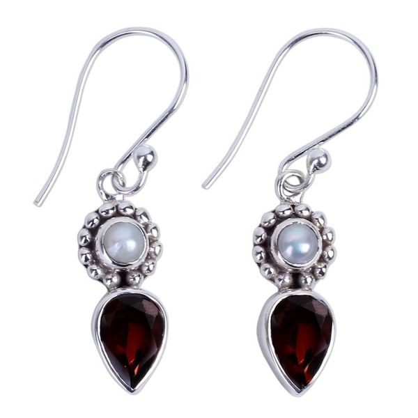 Alternate image for Silver Cultured Pearl Earrings with Garnet from India Scarlet Tear