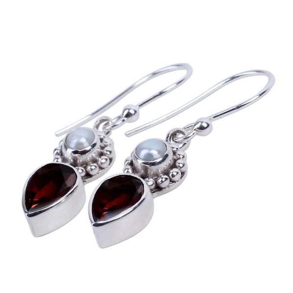 Alternate image for Silver Cultured Pearl Earrings with Garnet from India Scarlet Tear