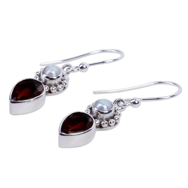 Alternate image for Silver Cultured Pearl Earrings with Garnet from India Scarlet Tear