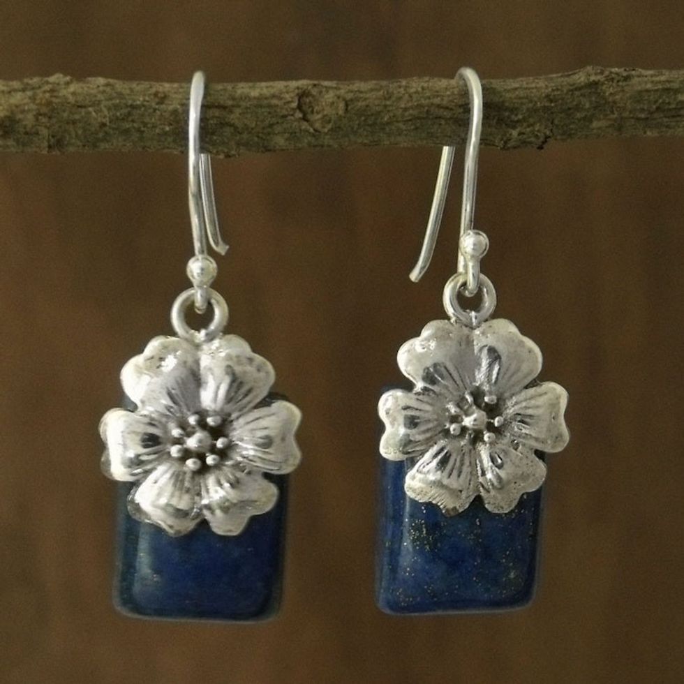 Fair Trade Floral Sterling Silver and Lapis Lazuli Earrings 'Blue Lily'