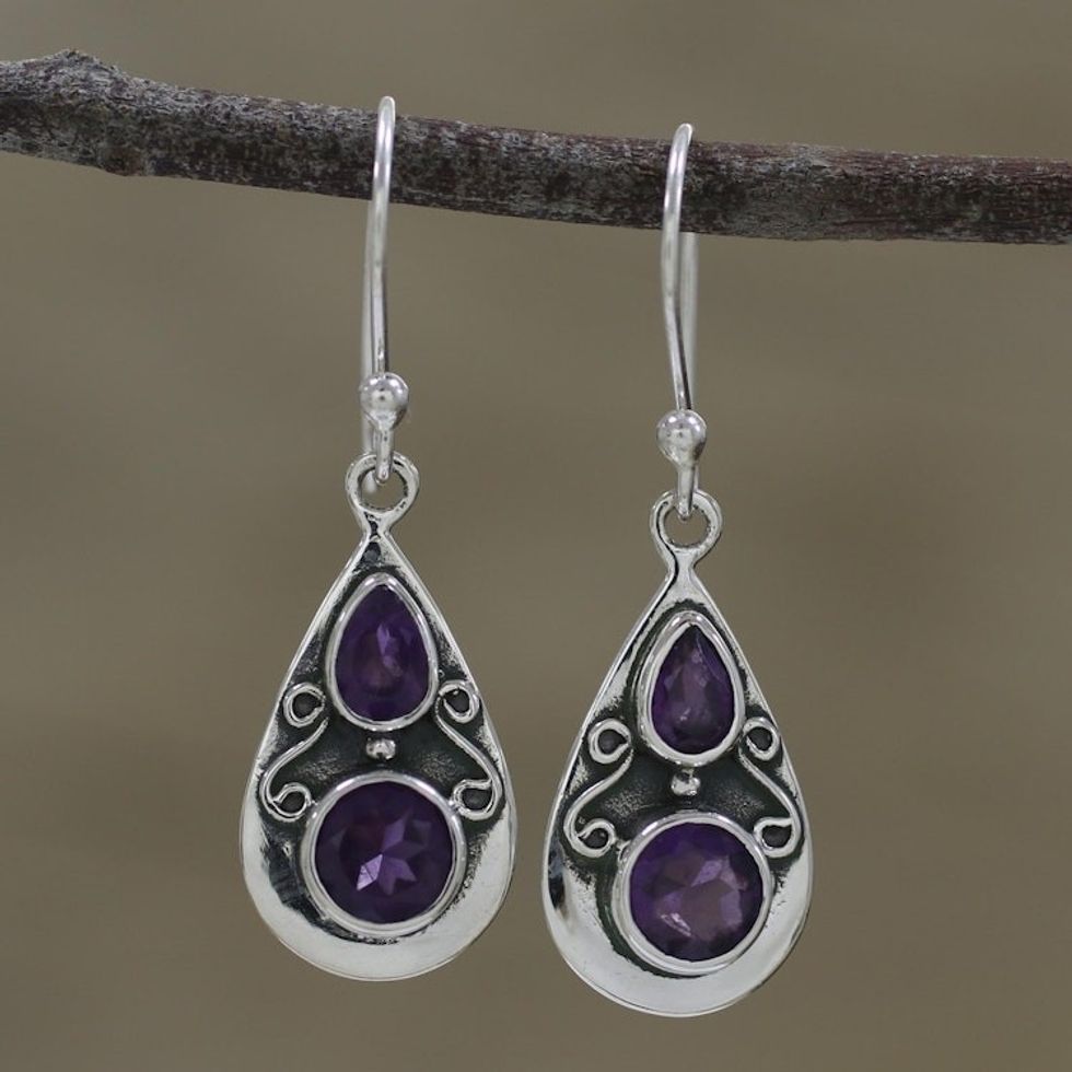 Drop-Shaped Amethyst Dangle Earrings from India 'Complex Drops'