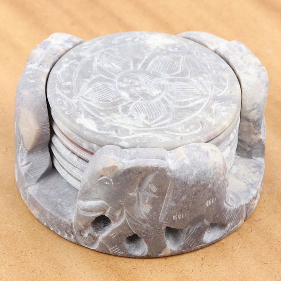 Fair Trade Marble Coaster Elephant Barware Set of 6 'Elephant Rose'