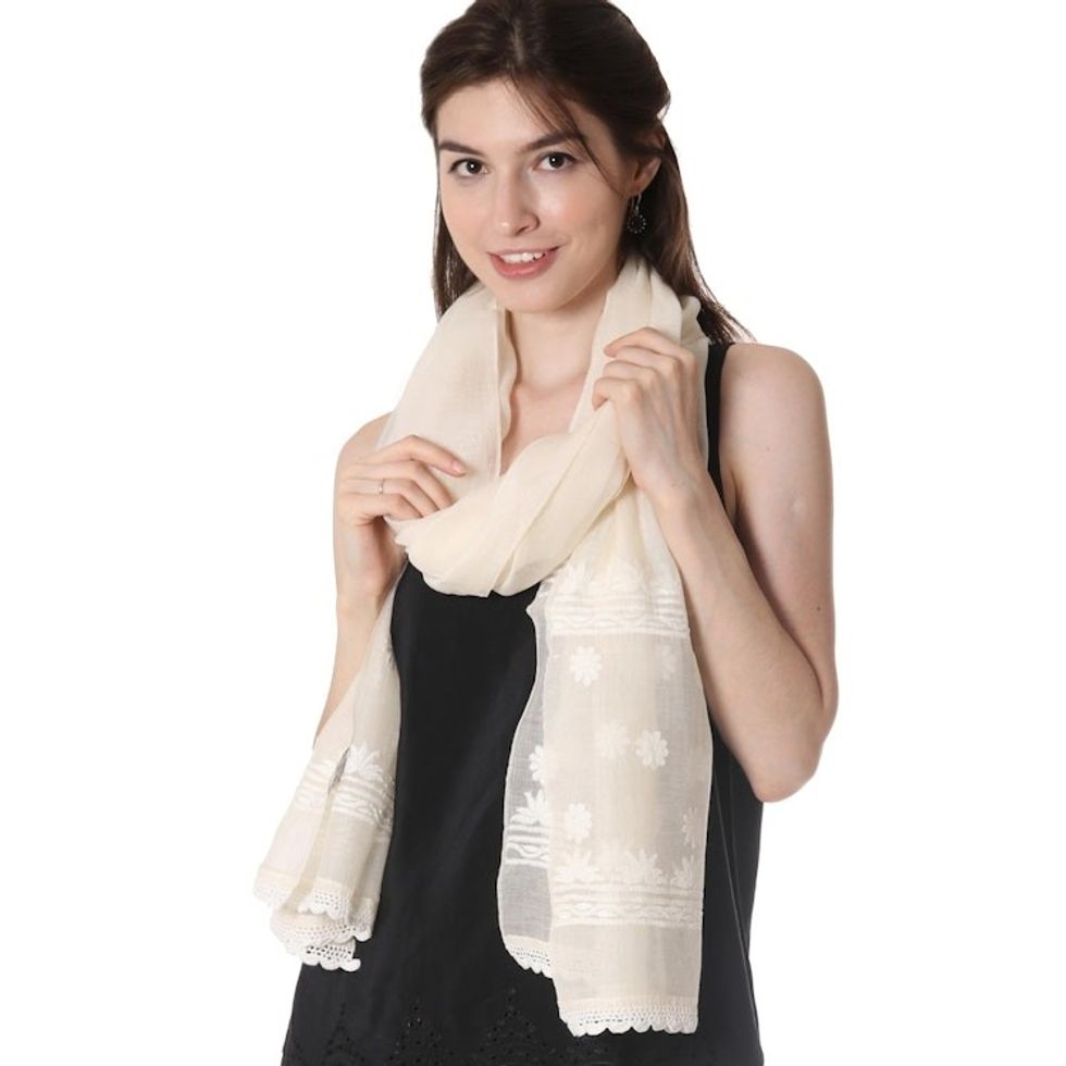 Warm White Embroidered Sheer Cotton and Silk Blend Shawl 'Classic Beauty'