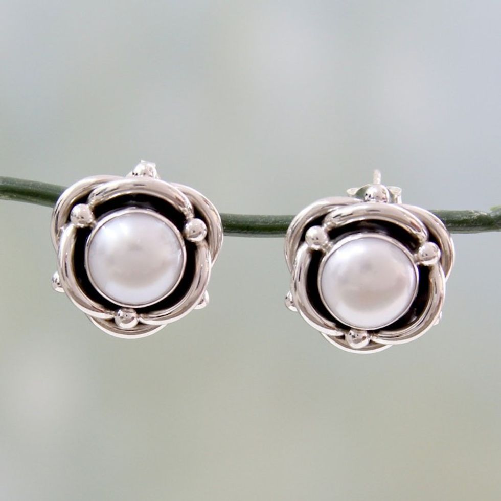 Cultured White Pearl and Sterling Silver Button Earrings 'Regal Aura'