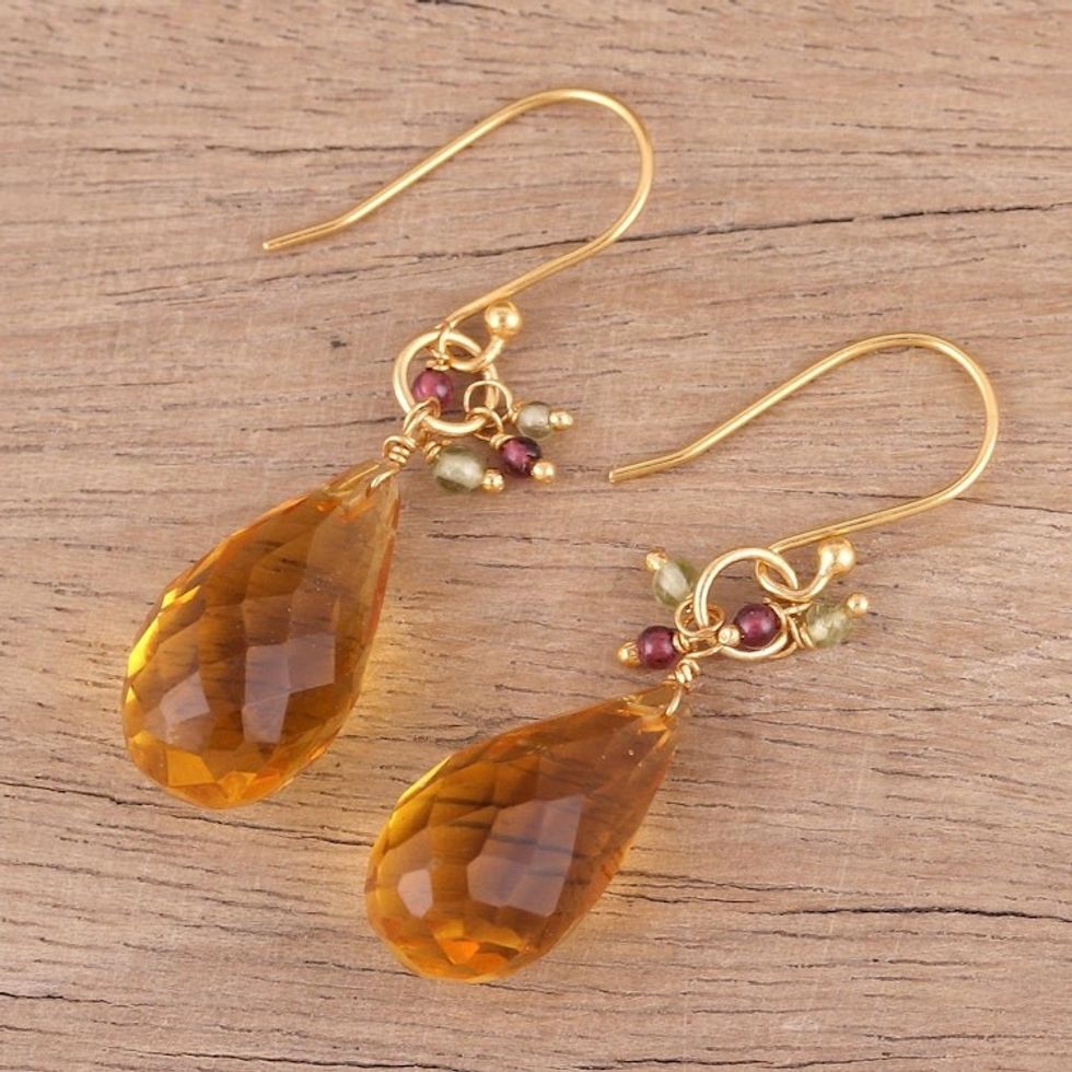 Handmade 22k Gold Plated Sterling Silver Gemstone Earrings 'Sunset Raindrops'
