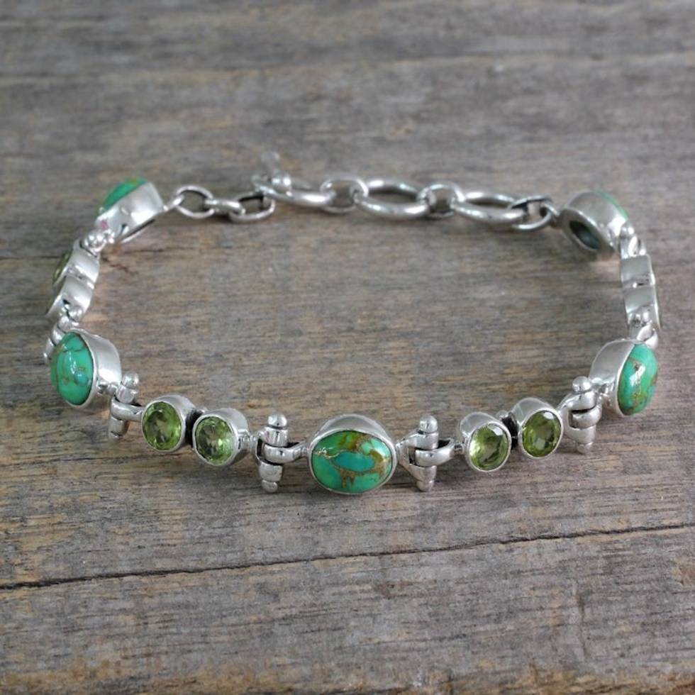 Peridot and Reconstituted Turquoise Silver Link Bracelet 'Green Glow'