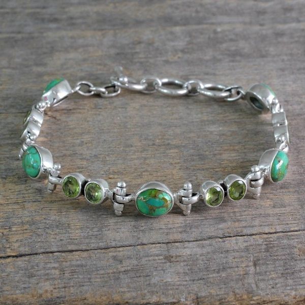 Alternate image for Peridot and Reconstituted Turquoise Silver Link Bracelet Green Glow